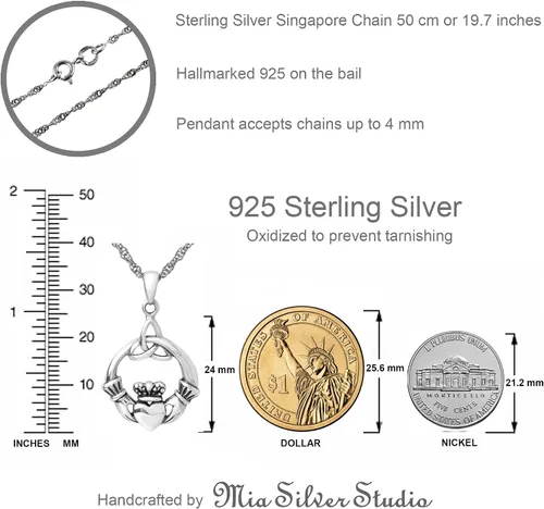 Miniatura 6 de 925 Sterling Silver Irish Claddagh Necklace - Trinity Celtic Knot Pendant with 20" Inch Chain - Hands Holding Heart Crown Charm - Love Celtic
