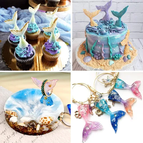 Miniatura 3 de Sakolla 2 unidades de moldes de cola de sirena, moldes de sirena para chocolate, decoración de pastel, dulces, cupcakes de resina, gomitas (Azul)