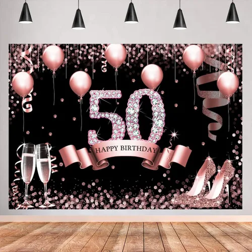 Miniatura 5 de Sensfun Telón de fondo de oro rosa con la frase "Happy 50th Birthday" para mujer, globos de diamantes con purpurina, tacones altos, fondo