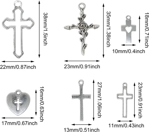Miniatura 2 de yueton 60 dijes de aleación con forma de corazón y cruz, colgantes de la suerte, colgantes de oración para llaveros, aretes, pulseras, collares