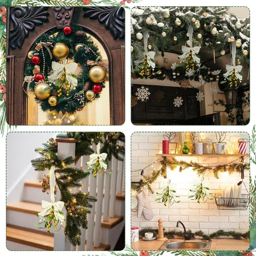 Miniatura 3 de Chunyin 2 piezas de muérdago de decoración navideña artificial de muérdago, decoración navideña con bayas y lazo de cinta blanca, bola de beso