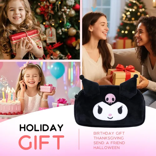 Miniatura 7 de Roffatide Pequeña bolsa de cosméticos para mujer, bolsa de maquillaje de anime, estuche portátil con cremallera, color negro