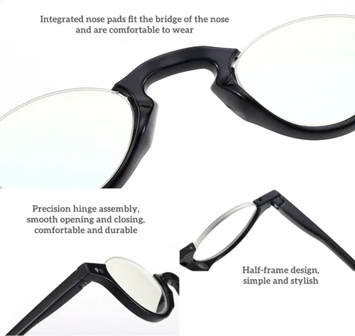 Miniatura 4 de Lentes de lectura retro con luz azul para hombres y mujeres, con marco redondo de media luna, lentes de lectura ligeros para computadora