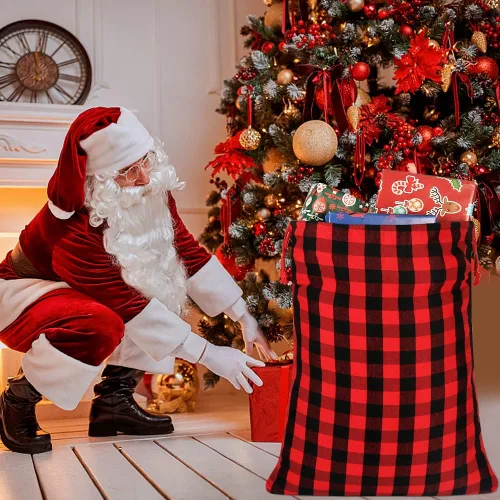 Miniatura 7 de HRX Package 2 bolsas de algodón de Papá Noel, bolsas de Navidad de tela a cuadros de 28 x 20 pulgadas, bolsas de Navidad reutilizables con etiqueta