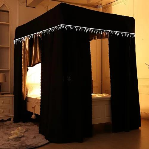 Miniatura 23 de Obokidly Elegante cortina opaca de estrella negra con borde de bola blanca de 4 postes en las esquinas, decoración de dormitorio para adultos