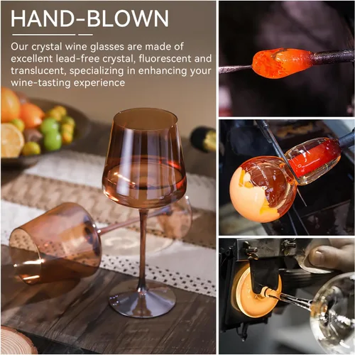 Miniatura 6 de Juego de 6 copas de vino marrón de 18 onzas, color ámbar oscuro, juego de regalo para fiestas, vasos de vidrio soplado a mano marrón para vino tinto
