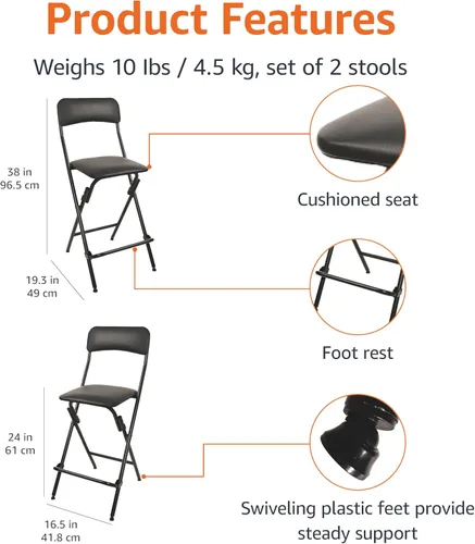 Miniatura 3 de Amazon Basics Taburete plegable con reposapiés, capacidad de 300 libras, 24" de altura, negro, juego de 2