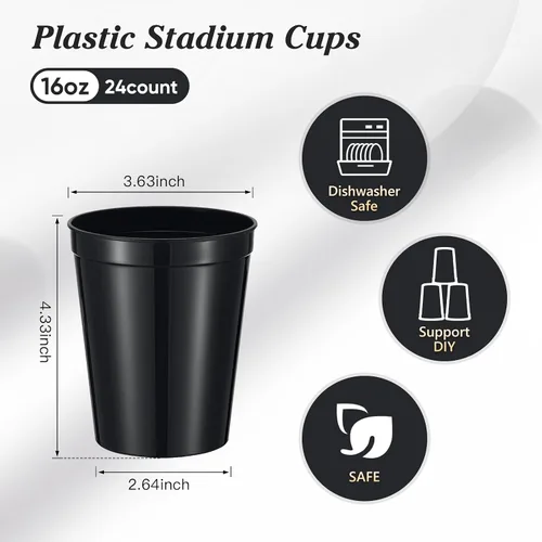 Miniatura 2 de Mifoci 24 vasos de plástico para estadios en blanco, reutilizables, apilables, para fiestas de cumpleaños, bodas, Mardi Gras (16 onzas, negro)
