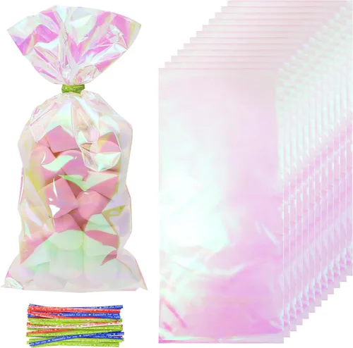 Miniatura 6 de PENTA ANGEL 50 bolsas de regalo de fiesta de sirena, 50 unidades, de plástico, planas, celofán, dulces, golosinas, bolsas de panadería con 50 lazos