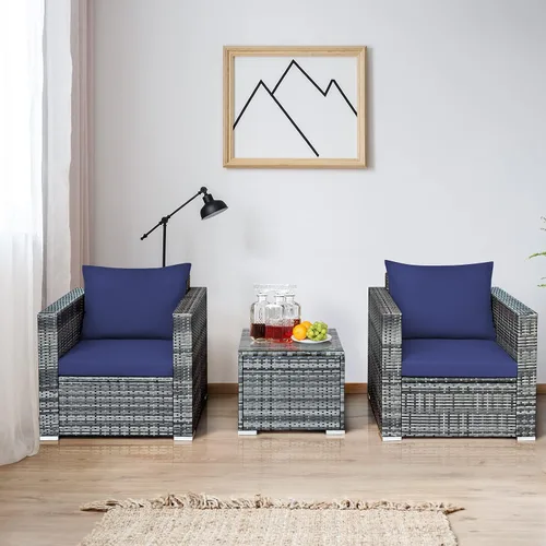 Miniatura 4 de Tangkula Juego de muebles de patio de 3 piezas, juego de sofá de mimbre de ratán PE con cojín lavable y mesa de vidrio templado, muebles de Mezcla