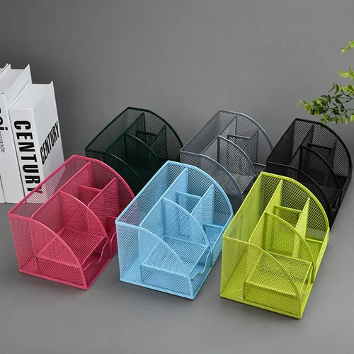 Miniatura 6 de Soporte para bolígrafo y organizador de malla plateada con 7 compartimentos, organizador de escritorio con cajón, soporte de metal para bolígrafo