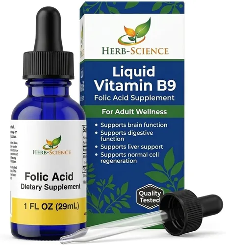 Suplementos líquidos de vitamina B9 ácido fólico – VIT B gotas para el cerebro y la función digestiva, apoyo hepático – sin gluten, sin OMG, vegano