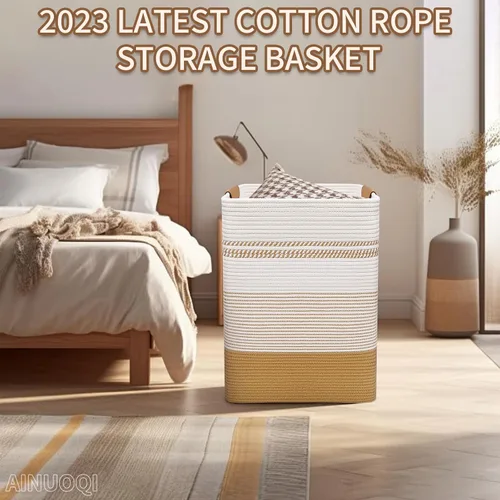 Miniatura 5 de AINUOQI Cesta de Ropa Sucia Grande Cesta de Lavandería con Asas de Cuero, Cesta de Almacenamiento Decorativa de Cuerda de Algodón Tejida para Yute