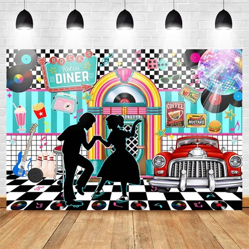 Miniatura 4 de Avezano Fondo retro de 7 x 5 pies de regreso a los años 50 Rock and Roll Retro Diner Disco Danza Fotografía Fondo de los años 50 Fiesta Tema Banner