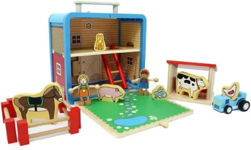 Jack Rabbit Creations Barnyard Suitcase Playset - Juego de granja portátil de 16 piezas - A partir de 3 años