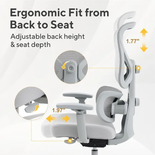 Miniatura 5 de Nouhaus Ergo Morph Silla de oficina ergonómica, sillas de oficina de malla con respaldo alto con soporte lumbar dinámico de doble zona, respaldo Gris