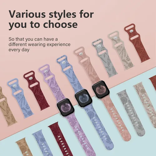 Miniatura 4 de Paquete de 3 correas grabadas con flores compatibles con Apple Watch de 1.496 pulgadas, 1.575 pulgadas, 1.614 pulgadas, 1.654 pulgadas, 1.732