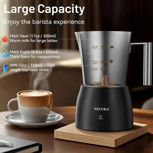 Miniatura 5 de Secura Espumador de leche eléctrico de 17 onzas y vaporizador, jarra de leche desmontable de acero inoxidable, máquina de espuma caliente y fría 4
