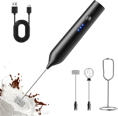 Espumador de leche recargable con soporte, varita espumadora eléctrica, máquina de espuma de café de mano, desmontable de acero inoxidable,