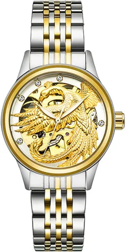 Miniatura 2 de carlien Reloj de vestir automático de acero inoxidable con cristal de dragón fénix para pareja