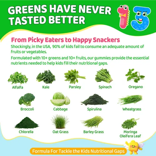 Miniatura 3 de Gomitas Super Greens para niños, con multivitaminas, más de 20 frutas vegetales, prebióticos, calcio, omega-3 (DHA/EPA), gomitas de superalimentos