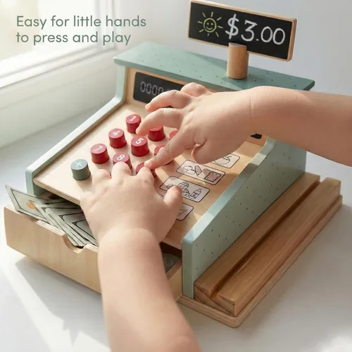 Miniatura 5 de PairPear Caja Registradora de Juguete de Madera, Juguetes de Juego de Simulación para Contar Dinero para Niños con Escáner y Tarjeta de Crédito