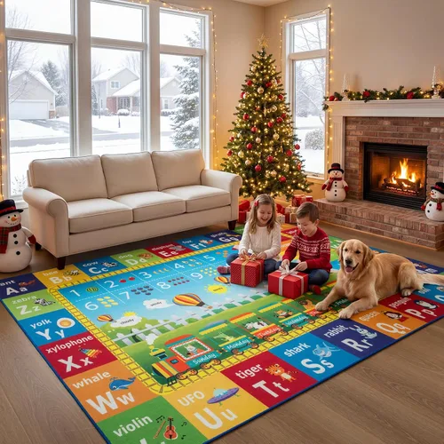 Miniatura 2 de Unirea Alfombra infantil de 5 x 7 pies para sala de juegos, dormitorio, aula, tapete de juego educativo lavable con alfabeto ABC, números, animales