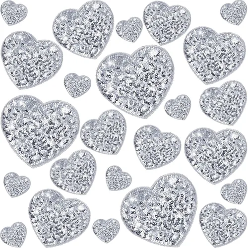 Daifunli 24 parches para planchar con corazón de lentejuelas en 4 tamaños, parches decorativos bordados brillantes para ropa, bolsas, chaquetas,