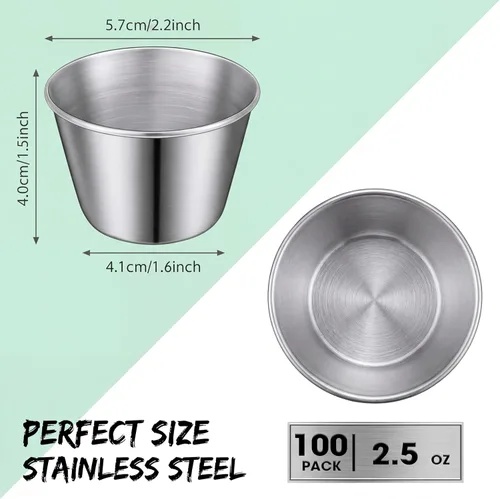 Miniatura 2 de Potchen 100 tazas de metal de 2.5 onzas para salsa, tazas de condimentos de acero inoxidable a granel, tazones de inmersión redondos, recipientes
