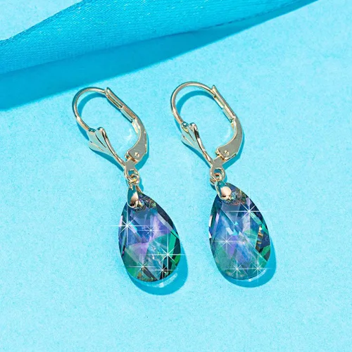 Miniatura 5 de Aretes con dijes con forma de lágrima de cristal austriaco, para mujer, cierre catalán, chapados en oro de 14 quilates joyas hipoalergénicas