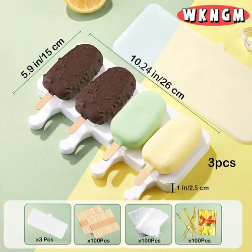 Miniatura 4 de 3 moldes de silicona grandes para paletas con tapas, 4 cavidades, moldes ovalados para barra de helado, moldes de silicona con 100 palos de madera