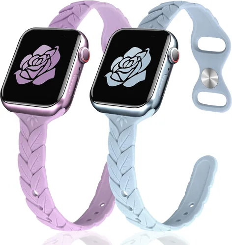 Miniatura 14 de JR.DM - Paquete de 2 bandas de silicona grabadas compatibles con Apple Watch de 38/40/41/42/44/45/46/49 mm, correa delgada y femenina de hoja