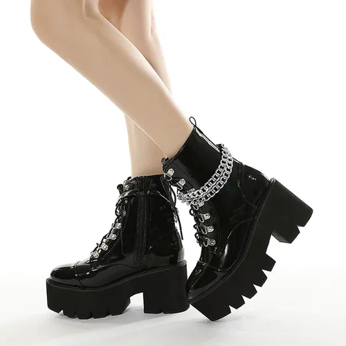 Miniatura 2 de rui yue Botas de plataforma para mujer, punta redonda, botas de tobillo gruesas, botas punk, con cordones y cremallera, botas de combate