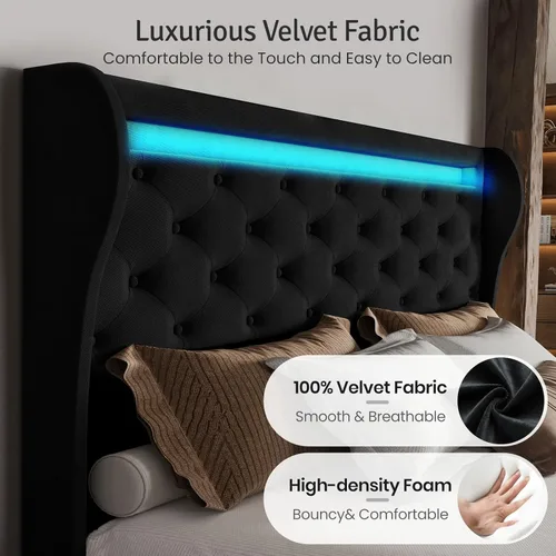 Miniatura 5 de Belffin Estructura de Cama Tamaño Queen con Cabecero, Cabecero Alto de 50" Cama Plataforma Tapizada en Terciopelo con Luces LED y 2 Puertos USB/1