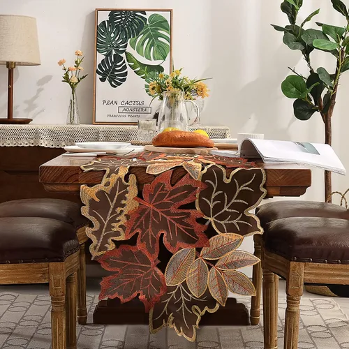 Miniatura 2 de Camino de mesa de otoño de 13.7 x 34 pulgadas con hojas de arce bordadas, decoración de mesa de café de comedor con temática de cosecha de Acción