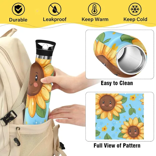 Miniatura 4 de Cartoon Fuuny Sunflower Lightweight Reusable Water Bottle Insulated with Straw Lid Double Wall Vacuum Insulated Bike Running Sports Travel Gym termo
