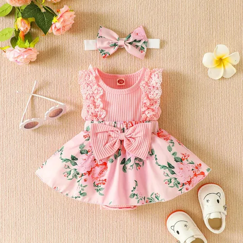 Miniatura 80 de Mubineo Ropa de verano para bebé niña, sin mangas, encaje floral, vestido de mameluco para recién nacido