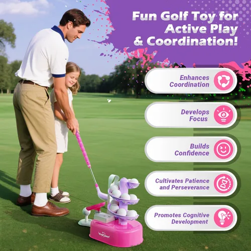 Miniatura 6 de Juego de golf para niños pequeños de EagleStone con lanzador de pedal, juguete de golf para niños de 3 a 8 años, incluye palo de golf ajustable, 15