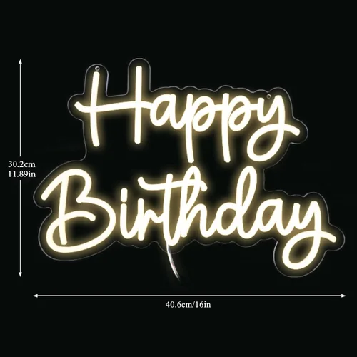 Miniatura 3 de YALLOVE Letrero de neón de feliz cumpleaños de 16 x 11.89 pulgadas, luz de neón blanca de feliz cumpleaños con estuche de batería, brillo ajustable