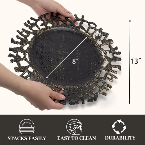 Miniatura 5 de MAONAME Juego de 6 platos base negros de 13", platos base redondos para platos de cena, platos base de plástico, platos base para mesa de boda