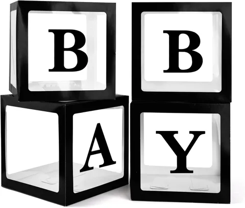 Cajas de bebé con 4 letras para baby shower, caja de globos transparentes color negro, bloques de decoración de revelación de género y fiesta de