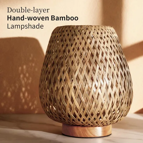 Miniatura 2 de Lámpara de mesa bohemia con base de madera tejida de doble capa, lámpara de ratán pequeña para mesita de noche, enchufe de 110 V, enchufe E26