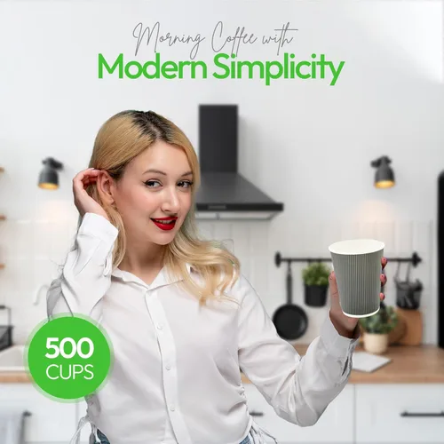 Miniatura 5 de Restaurantware - Tazas de café desechables de 12 onzas, 500 tazas de pared ondulada para café caliente - Las tapas se venden por separado, borde Gris