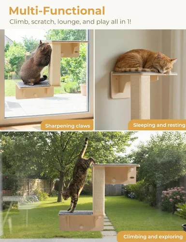 Miniatura 5 de Pecute Estantes dobles para gatos con poste rascador para pared y ventana con madera maciza, ventosa fuerte, alfombrilla de cubierta lavable, cama