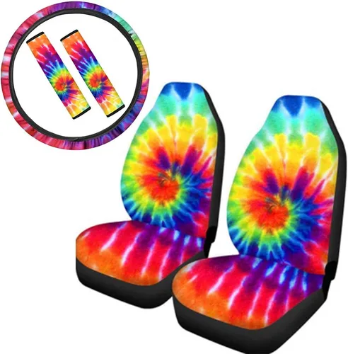 JEOCODY Funda de asiento de coche con diseño de teñido anudado arcoíris para mujeres y hombres, 2 cojines de asiento delantero+funda para volante de