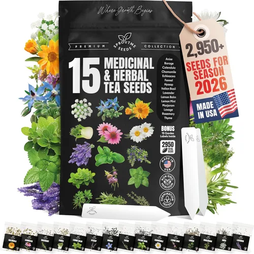 Paquete de 15 semillas de té medicinal y herbal variado Kit de jardín casero Marcadores de plantas 2950+ Semillas sin transgénicos reliquias para