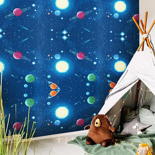 Miniatura 2 de MyFun Papel tapiz de planetas solares de 11 yardas, diseño espacial del universo de fantasía, calcomanías extraíbles para habitación de niños, 48.4