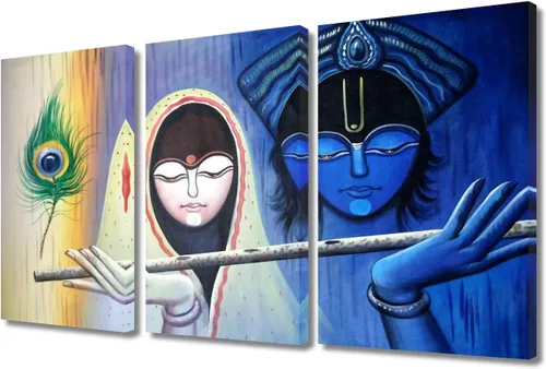 Miniatura 60 de Pintura india hindú Dios Señor Krishna imágenes sobre lienzo, arte de pared de 3 piezas, arte de pared moderno, decoración del hogar para sala