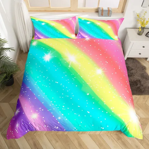 Erosebridal Rainbow - Juego de funda de edredón para niños y niñas, diseño de dibujos animados con lazos de cremallera, 2 piezas, ultra suave, juego
