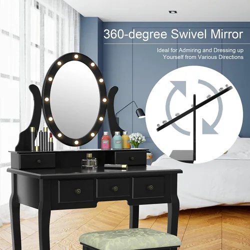 Miniatura 4 de AUGESTER - Juego de tocador de maquillaje iluminado, juego de tocador con 12 luces, espejo ovalado giratorio de 360°, 5 cajones deslizantes